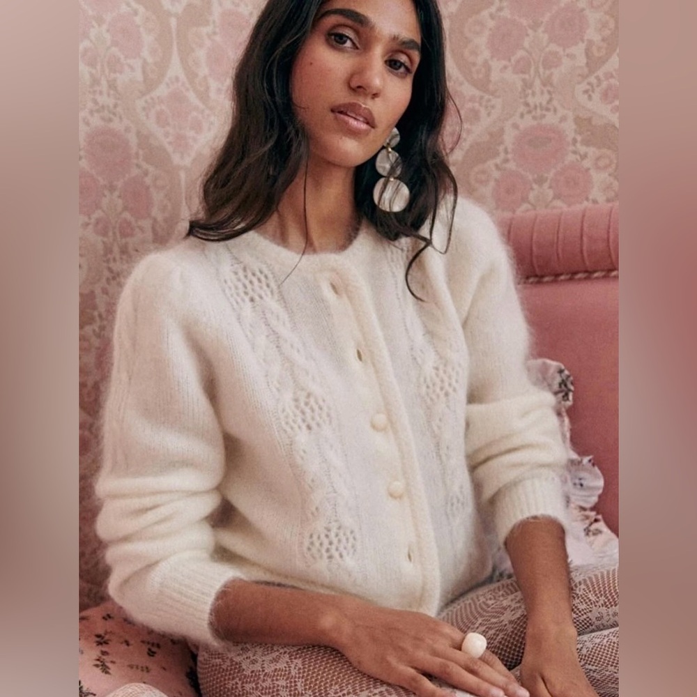 MAGASCHONI MOHAIR MERINO WOOL CHEVRON CABLE KNIT EVY CROPPED CARDIGAN Cream M - Picture 5 of 6